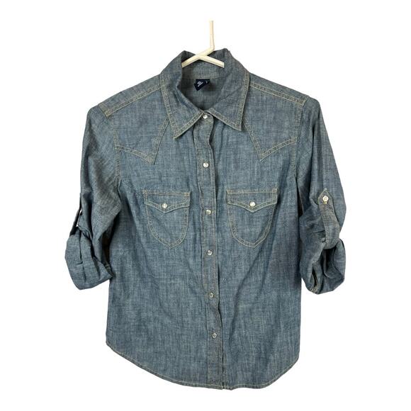 Gap Chambray Denim Pearl Snap Shirt Blouse Emo Western Medium XS - Picture 7 of 12